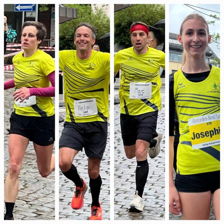 Lea, Helge, Marc beim Zielsprint und und Josephine nach dem Lauf